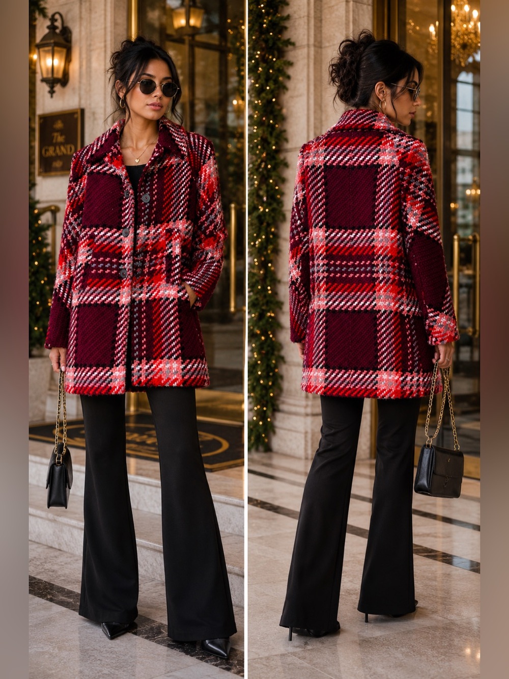 Zara Woman Red Burgundy Plaid Tweed Coat S Preppy Dark Academia